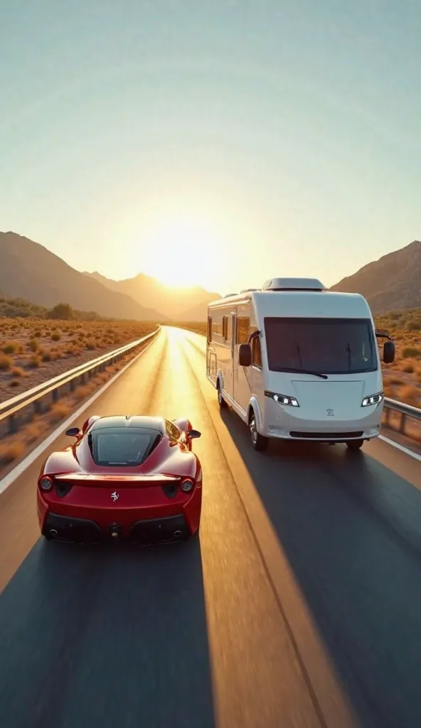 "A realistic highway scene during golden hour, where a bright red Ferrari LaFerrari is speeding in one lane, and right next to it, a large white luxury caravan is cruising steadily. The Ferrari has an aerodynamic design, shining under the sunlight, while t...