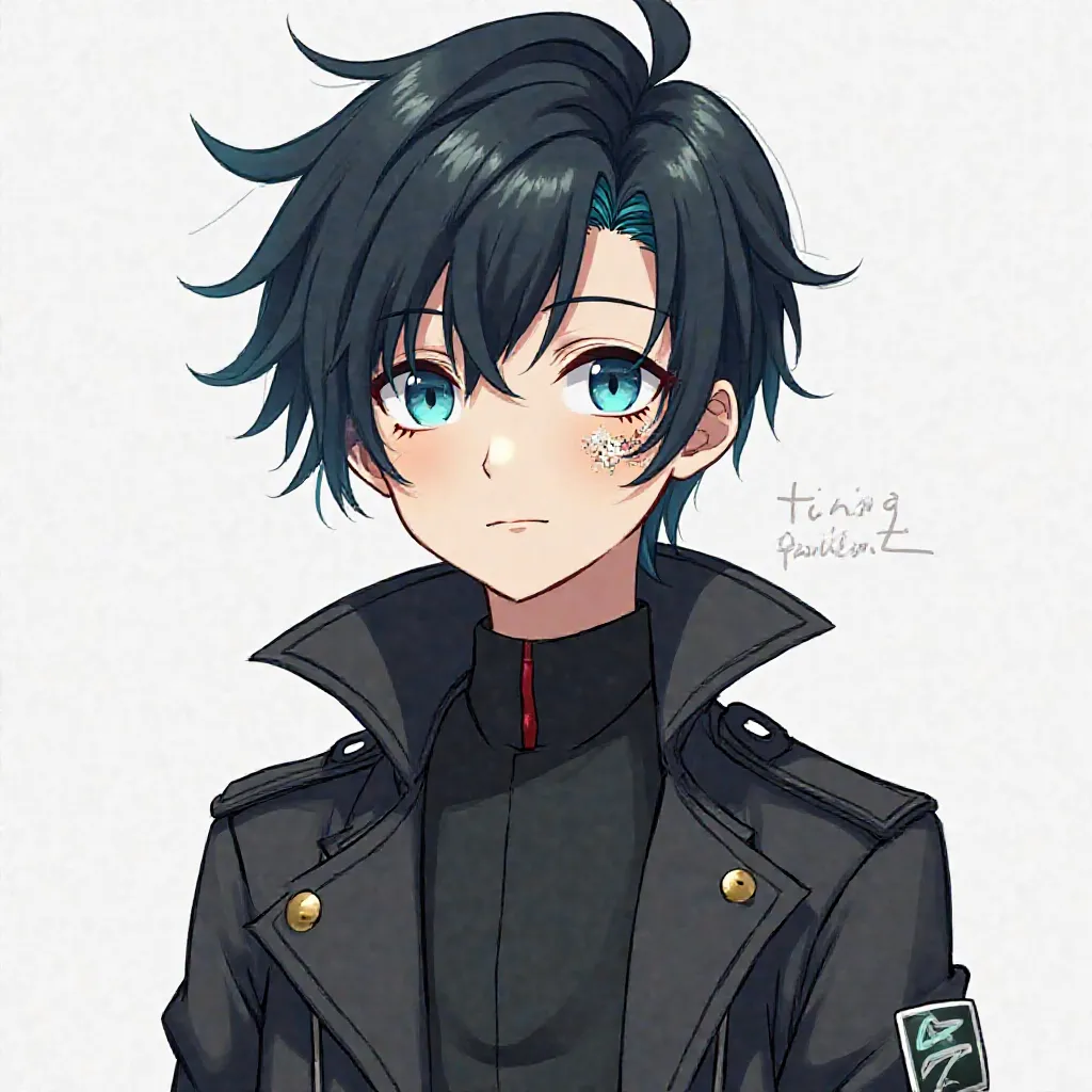 A young man with black hair with light blue tips,  he lacks his right arm , He has a large explosion scar on his right cheek, His eyes are vibrant light blue and he wears a simple military uniform with a leather trench coat.Modern manga style 