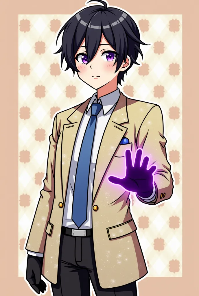  icon style illustration、(超High Resolution:1.2),(absurd:1.2),(High Resolution:1.2),(best quality:1.2), chibi,nice,simple pattern for background、 black hair、handsome、male、Purple Eyes、blue eyes、A glittering costume like an idol、Black right hand、The outline o...