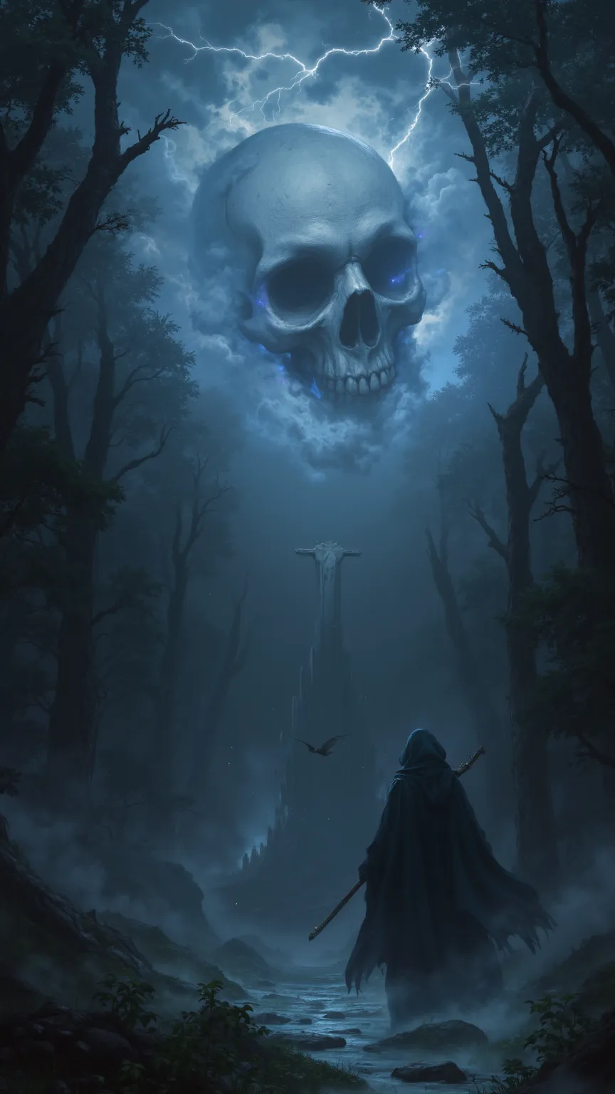 Gloomy Fantasy Art,一道幽靈Skull Shape的 Lightning擊中了一名巫師,Fine Detail,for higher resolution,Professional Effect,Dark Cloudy Sky, Dark Forest,Strange Ambience, Lightning,Skull Shape,Wizard's Clothes Floating,Professional Dark Fantasy Art,digital drawing,4K High ...