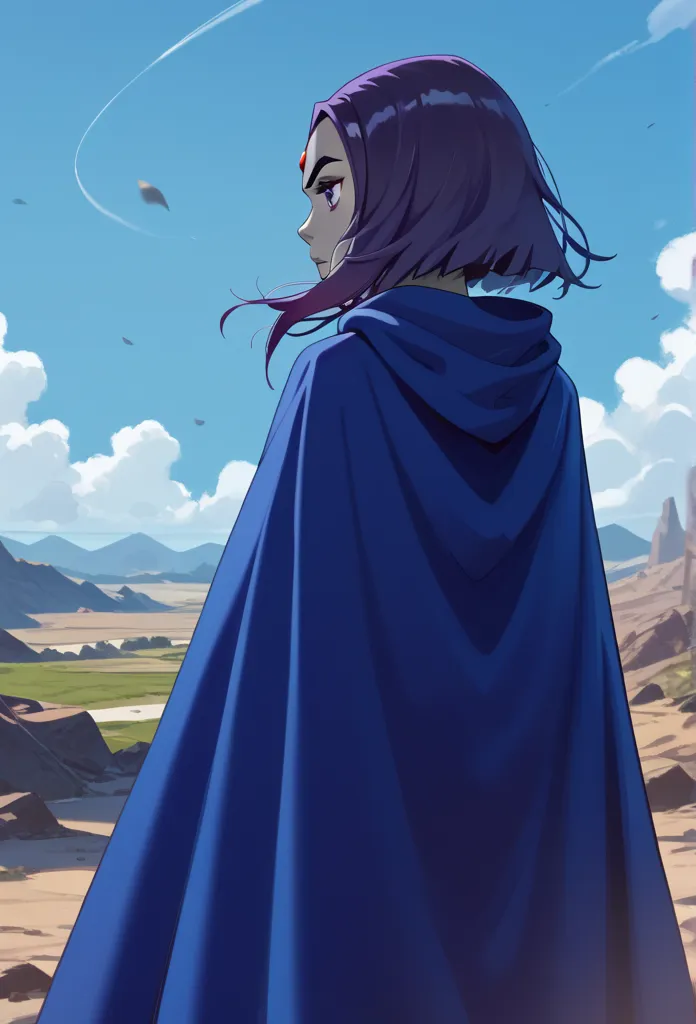 1girl, solo, raven (dc), purple eyes,  purple hair, grey skin, forehead jewel, blue cape covering whole body, long blue cape, cape reaches the ground, hood covered head, from behind, High Resolution, Best Quality, Masterpiece, wind, 