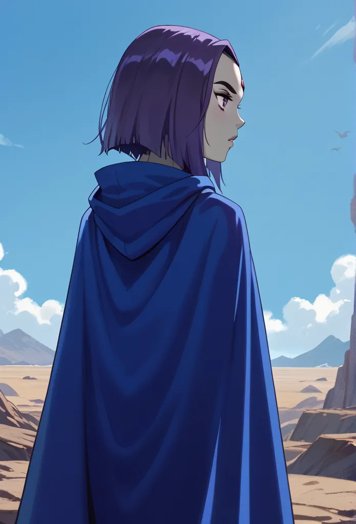 1girl, solo, raven (dc), purple eyes,  purple hair, grey skin, forehead jewel, blue cape covering whole body, long blue cape, cape reaches the ground, hood covered head, from behind, High Resolution, Best Quality, Masterpiece, wind, 