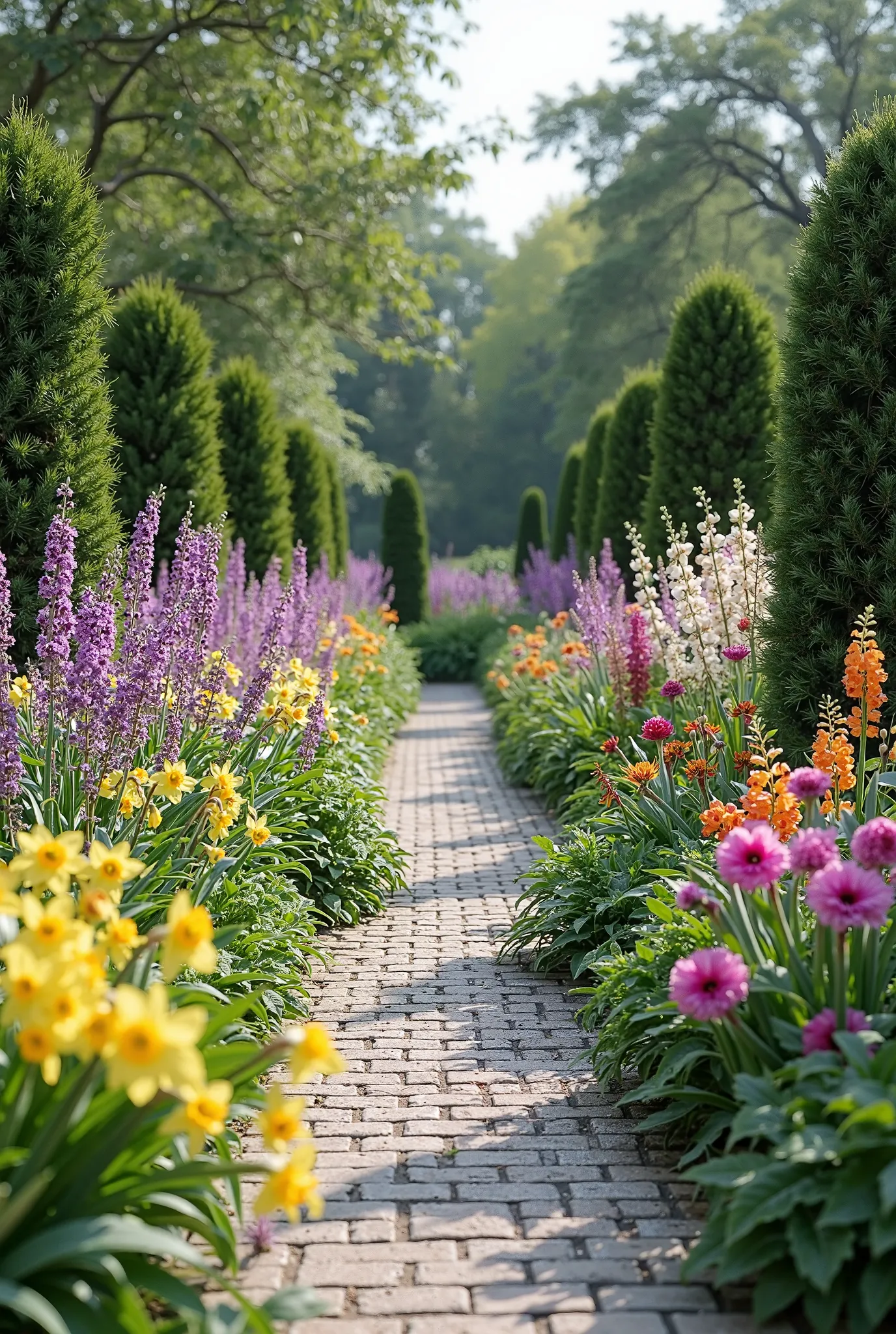 a rectangular flower bed，6m long，3m wide， is planted with Sedum sedum → Larkspur → Spiraea rosa → Onion flower → Lupinus → Boxwood → Spiraea rosa → Larkspur → Rose；The front row is planted sequentially with budgernae → three seven scenic flowers → daffodil...