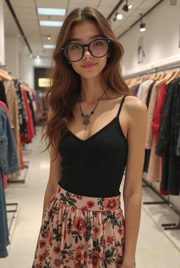 creates a girl with tall thin humento glasses she wears a black top with straps, a short skirt with floral print in shades of clothing  ,  and a black necklace . ,white tennis shoes .  Physically , looks like a ager or a young adult with long brown hair, f...