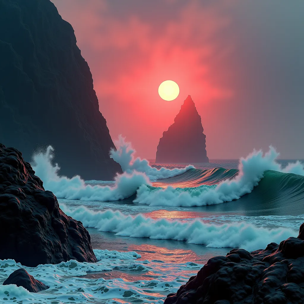 Dark and scary sea is rough, waves hit big rocks hard and rise high, sun gives rough sea red color, big waves, ultra 4K resolution, surreal, photography style.