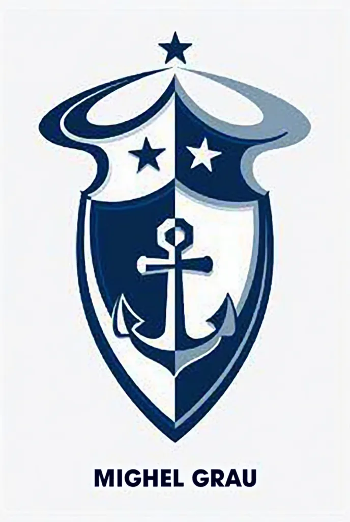 Design a modern football shield for the "Club Atlético Miguel Grau" with a Brazilian style,  elegant and dynamic . The shield must use the colors blue and white and represent the Peruvian hero Miguel Grau. Instead of stars on the top, must wear a sailor's ...