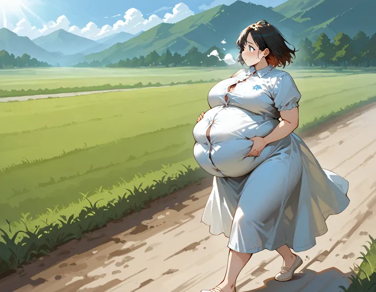 art by kipteitei, 1girl, out of breath, holding own belly, running down hill, dress, chubby (best quality, masterpiece), huge belly. Button gap, from the side, lanscape picture, sunbeams, beautiful landscape