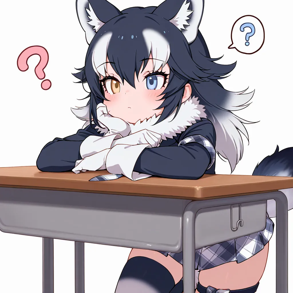 score_9, score_8_up , score_7_up , score_6_up , masterpiece, best quality ,  1girl ,loli,(grey wolf/(kemono friends/)),clothes ornament , leg ornament , ear ornament  , Grey Wolf thinking about how to draw in front of a desk ，Question mark face