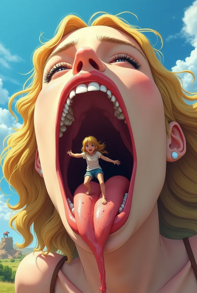 "A surreal fantasy scene featuring a giant blonde woman with flowing wavy hair under a bright blue sky. Her mouth is wide open, revealing a detailed and realistic interior, including her tongue, throat, and saliva strands. Inside her mouth, a tiny human, w...