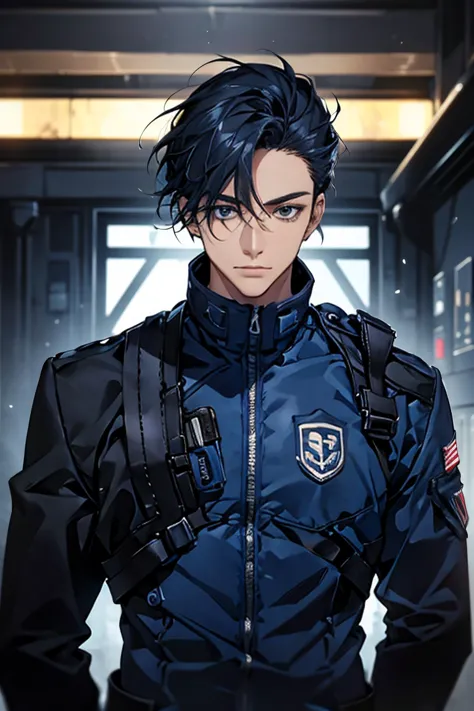 (Best picture quality, High res, Very high res), abstract, masculine, dark blue hair, 33 years old, dark blue eyes, jacket, black and  dark blue  pilot suit, dark blue gaze, calm, quiet, gentle smile, observatory, with wolf, dawn