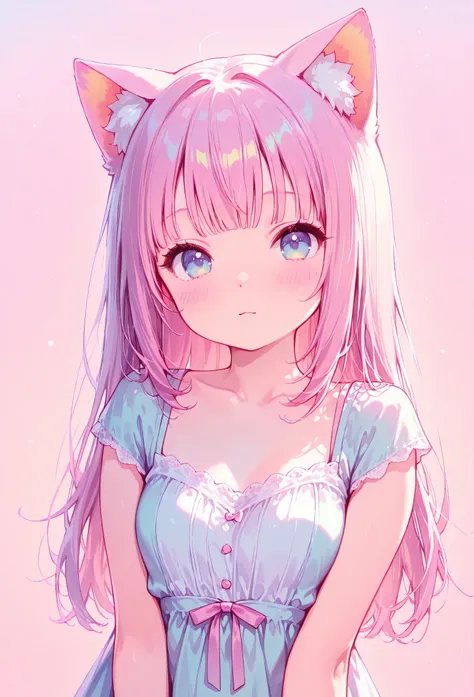 random hot and busty korean catgirl, cat ears, pastel color palette, no background, pastel background, colorful background,