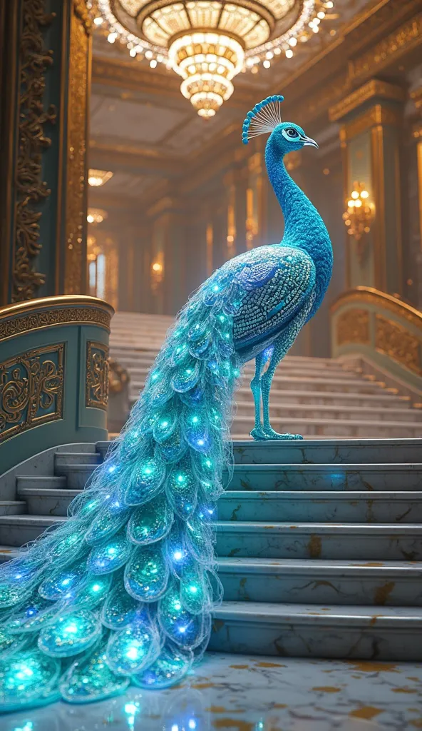 An awe-inspiring fusion of a majestic peacock and an advanced crystal-tech AI, its resplendent blue and emerald-green plumage transformed into radiant, translucent crystal-like structures, refracting ambient light into dazzling prisms of color. Each intric...