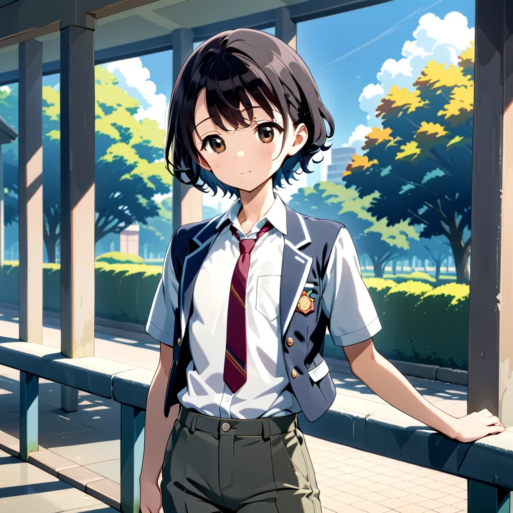 digital cel-shaded anime, 1boy, solo, pure boy, cute face, he looks lovely, brown eyes, black hair, straggly hair, Short hair, shorthair, short bangs, high school uniform, student, long pants, necktie, round eyes, femboy, girlish, common scenery, flat ches...