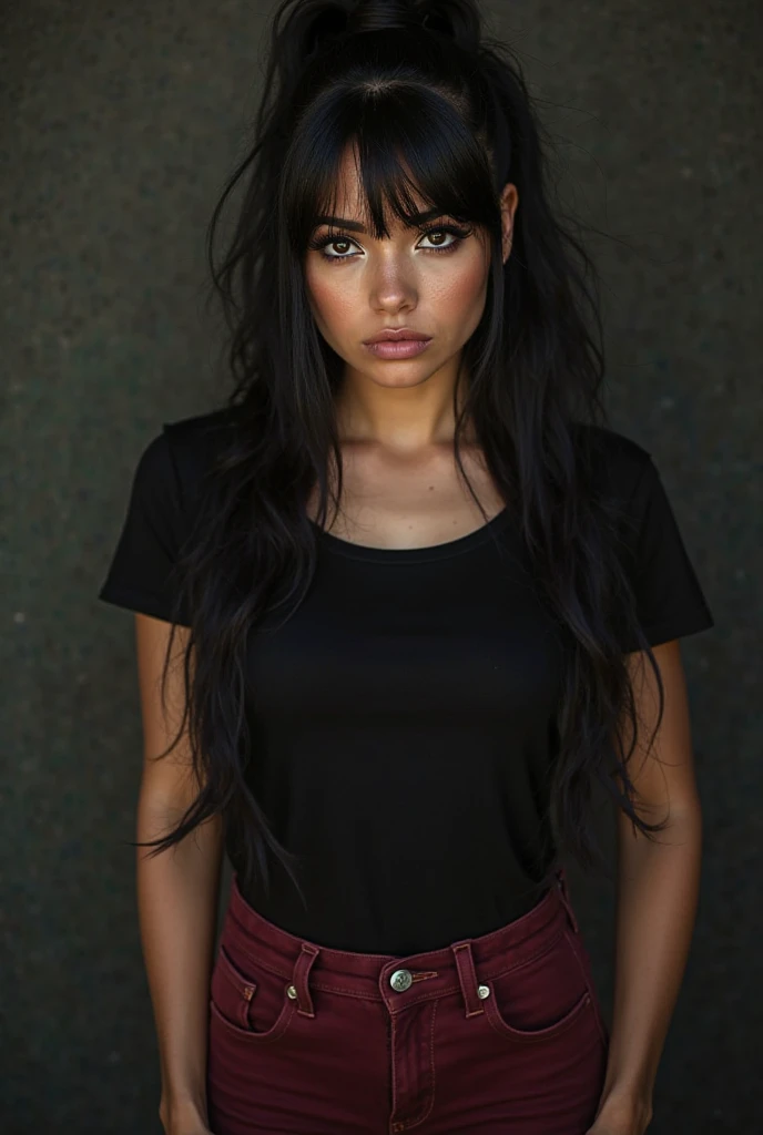 26 year old woman, high, black hair, Horsetail hairstyle but with bangs, black t-shirt, tight-fitting wine red jean pants, brown eyes, sexy