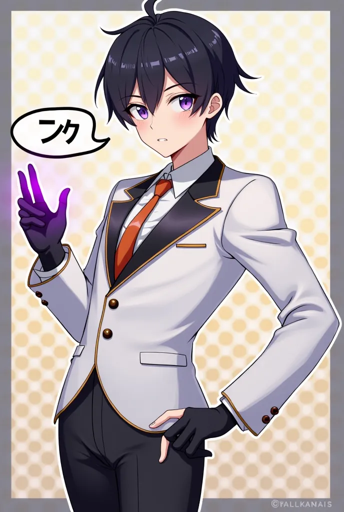  icon style illustration、(超High Resolution:1.2),(absurd:1.2),(High Resolution:1.2),(best quality:1.2), chibi,nice,simple pattern for background、 black hair、handsome、male、Purple Eyes、blue eyes、A glittering costume like an idol、Black right hand、The outline o...