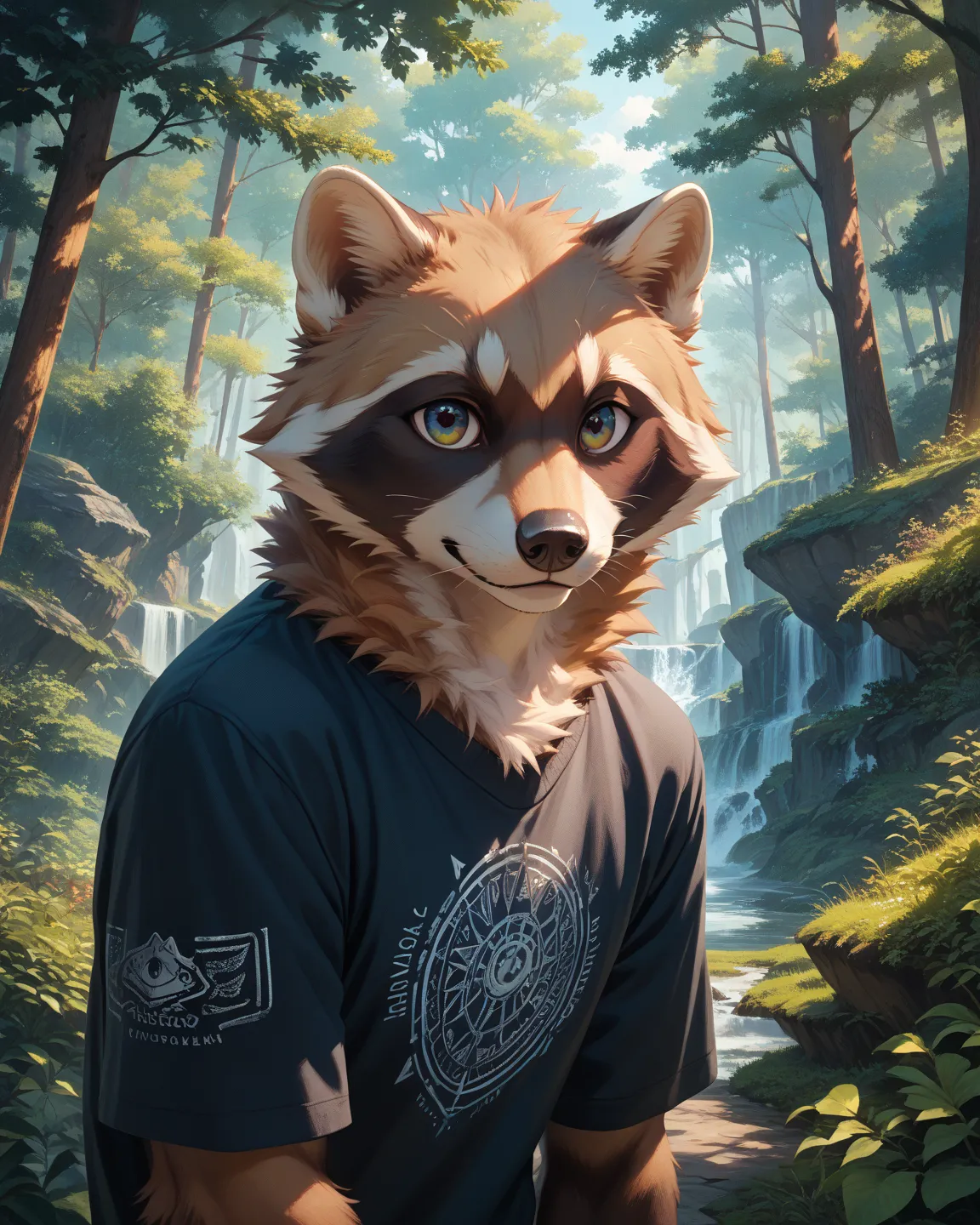 Raccoon, furry, male, raccoon fur, illustration, masterpiece, ultra-detailed, Impressionistic:colorful, black sweater, navy blue sweats, male anatomy, raccoon face features, forest background, detailed background, perfectly drawn arms, perfectly drawn hand...