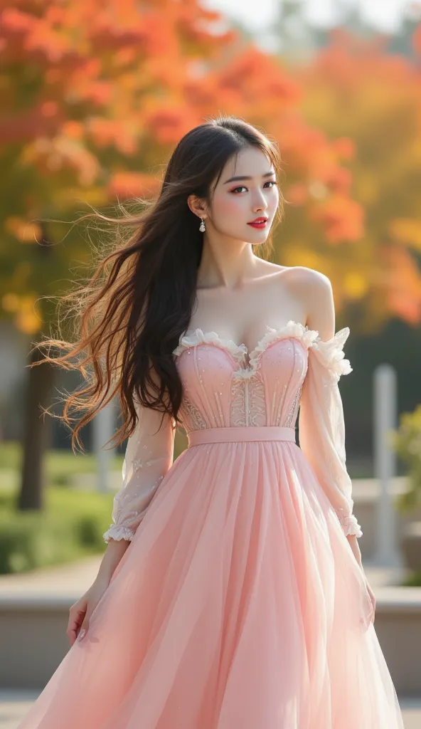  close-up photo of a beautiful young Korean woman's long hair. Pacaian color block frill trim dress, spring elegant long sleeve A line dress & autumn, women's clothing white and outer color bright pink shiny silk fabric bright purple flower pattern silver ...