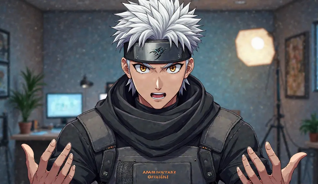  " A highly detailed, realistic anime-style portrait of a male warrior with silver, spiky hair. His sharp eyes are brown with a piercing gaze, and he wears a dark mask covering the lower half of his face. A metallic forehead protector with a stylized engra...