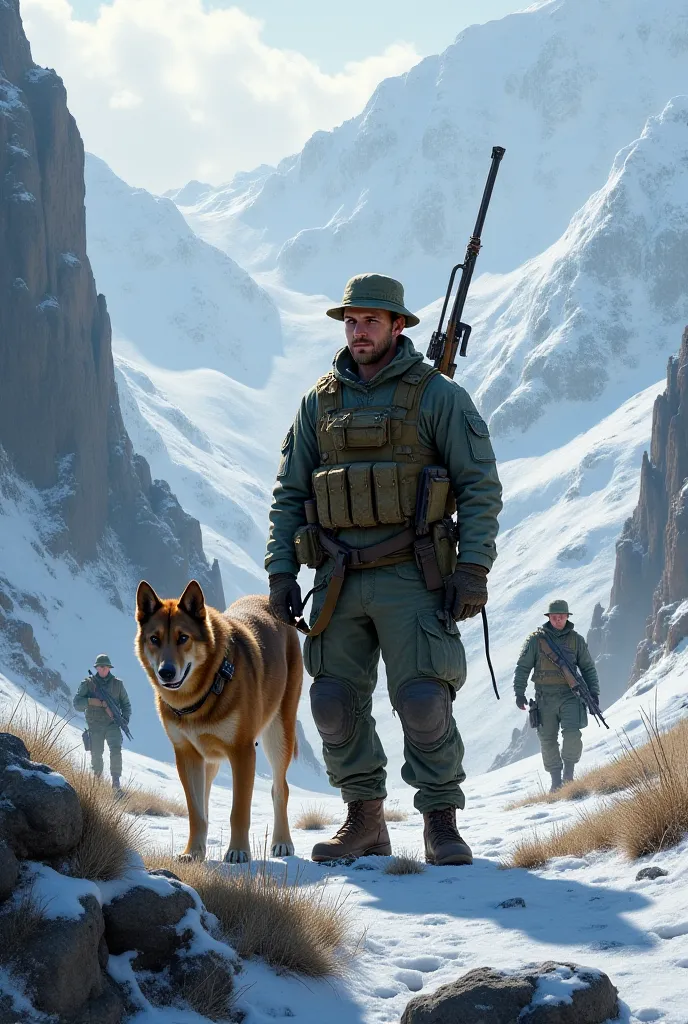 The soldier and his pet dog were attacked by enemies in the mountains