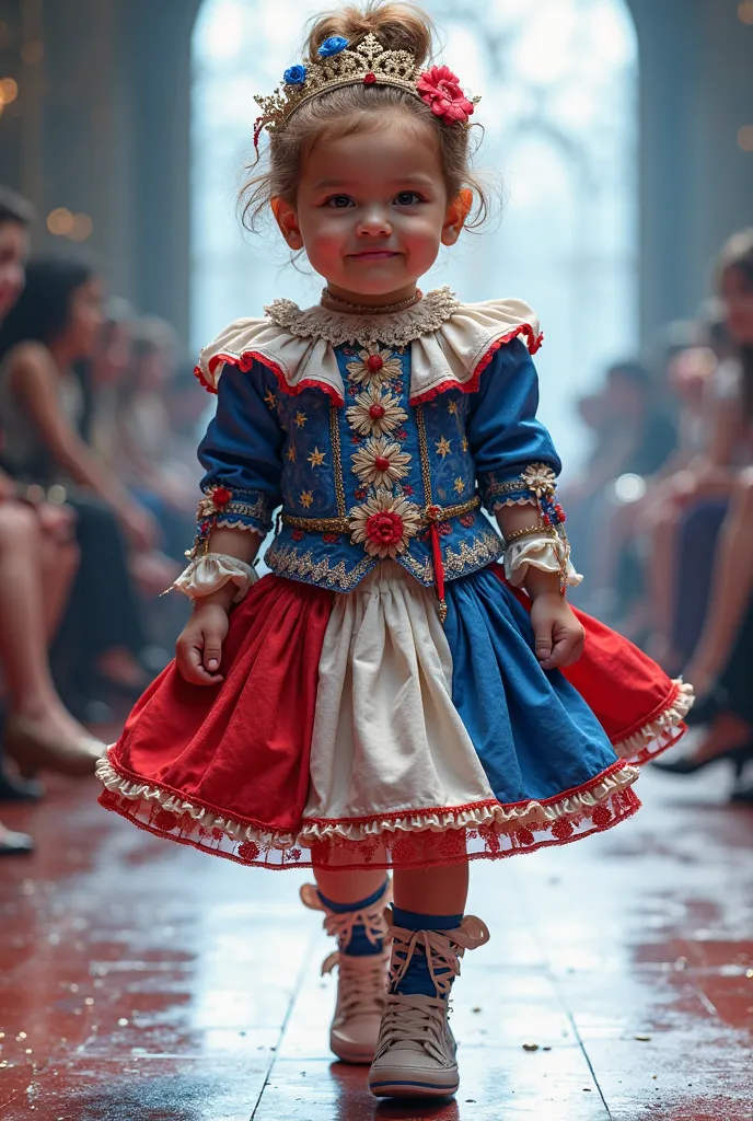 Too cute baby with an extravagant outfit represents France with its blue, white and red colors., Do a fashion show 