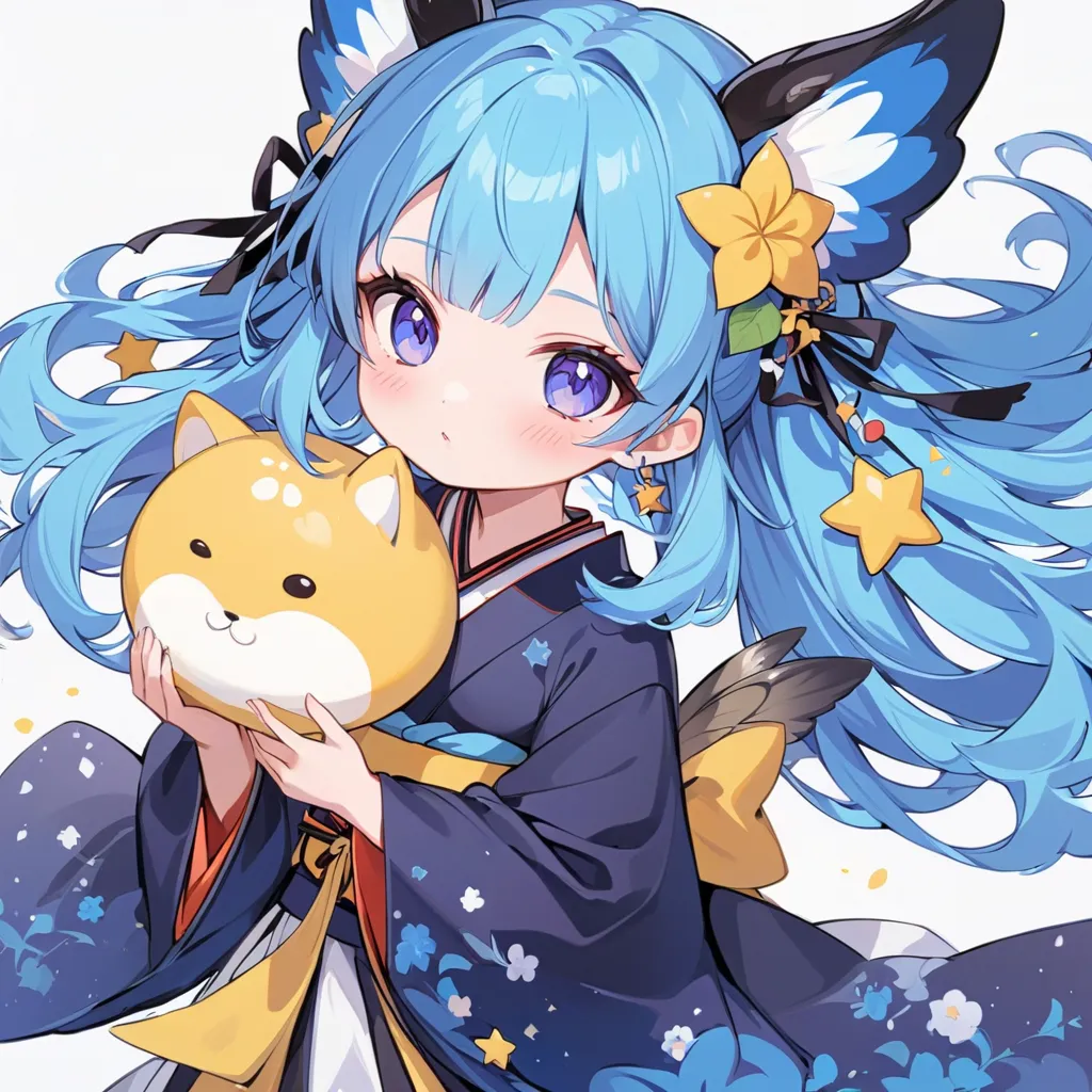   1 girl，，Blink，    world's cutest girl   ，Milk White and Blue Hair Color、 long hair、Wear a colorful and cute gothic kimono costume   ,  Star Fairy ,Wear a colorful and cute gothic kimono costume    with little fairy feathers growing from above your waist ...