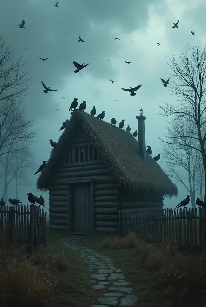 An old man's hut in a mystical setting. The hut is made of wood and straw, standing alone in a foggy forest. The atmosphere is eerie with dark storm clouds above. Numerous black crows are perched on the roof, fence, and surrounding trees, while many others...