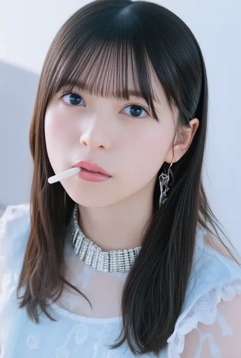 high resolution young Japanese female idol「inori minase」 photos, alone, 1 girl, off-the-shoulder dress with a silver chain collar around my neck,  face focus, face,  staring at the camera,  straight long black hair with flat bangs,   White Skin on a Street...