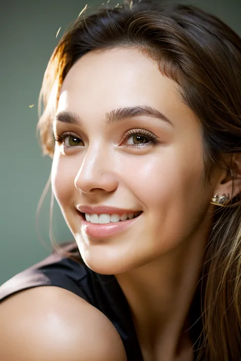 Face portrait shot slightly sideways, high resolution, green cat eyes, blonde hair, beautiful face, Jessica Alba, gal gadot, Nice light smile, piercing Nase, small nose, dimple 