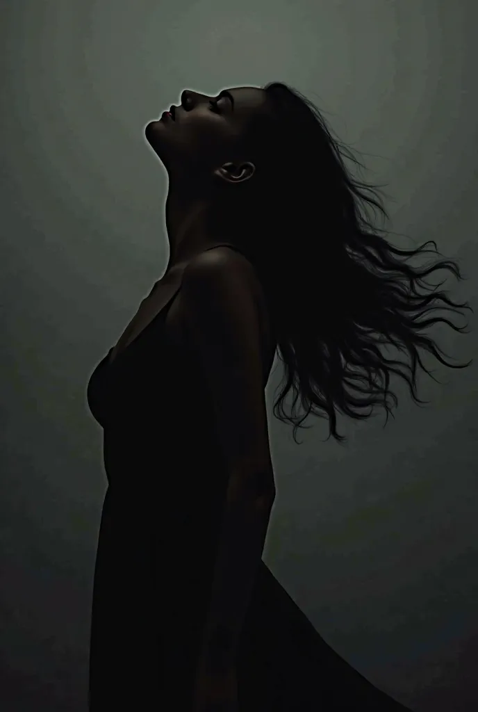 Silhouette of a woman with her head slightly tilted upwards and her hair fluttering in the wind against a black background