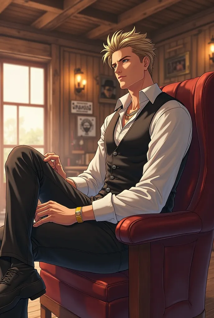 Create a handsome anime Sitting in the saloon Low fade hair cut