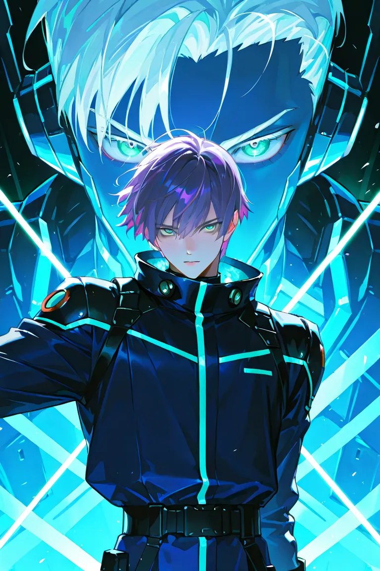 ((2 Man)), handsome, masterpiece, waist up, game theme, sci-fi, 1 purple hair, 1 green eyes, 1 white hair, 1 blue eyes.