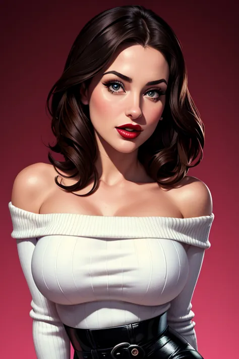 A waist-up portrait of a beautiful Caucasian female whose facial features are a combo of Milana Vayntrub + Kelly Brook. The female wears a white off-shoulder sweater and black leather pants and black high heels. The female has lovely makeup on her face. Th...