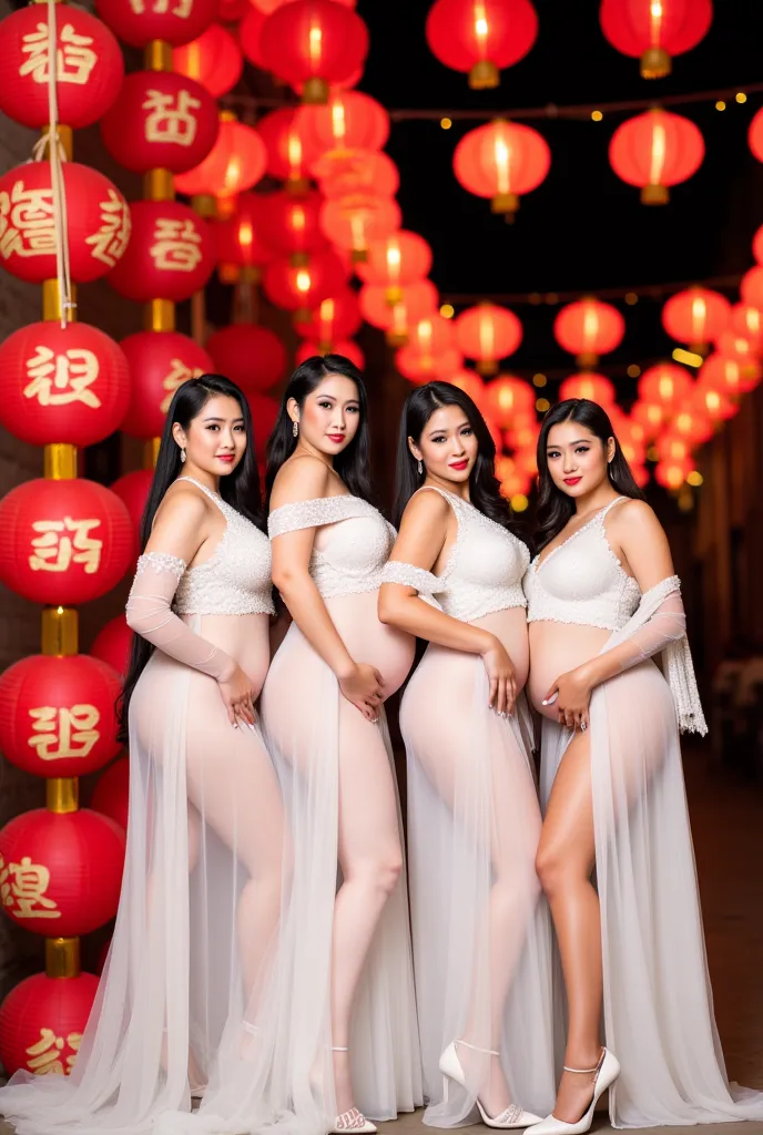 Four beautiful young high-class elegant 25-year-old, gorgeously plus-size, curvy, thicc, pregnant, voluptuous Cambodian Miss Universe models; having beautiful long straight black hair, wearing white erotic sexy transparent glittering tight thin sheer weddi...