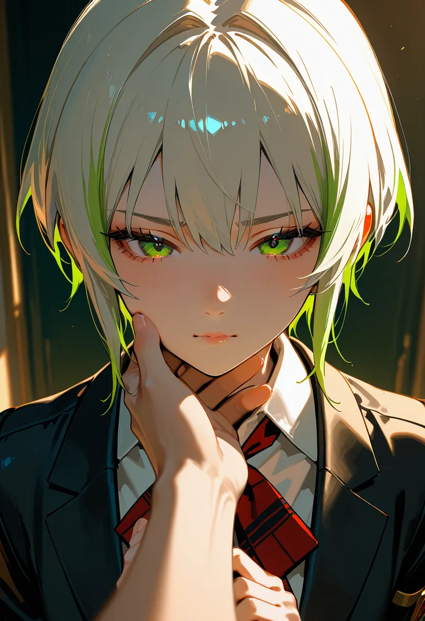 1 female, short hair, white hair, green highlights, gentle face, green eyes, wearing a black academy school uniform.