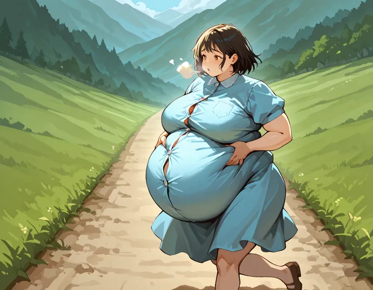 art by kipteitei, 1girl, out of breath, holding own belly, running down hill, dress, chubby (best quality, masterpiece), huge belly. Button gap, from the side, lanscape picture, sunbeams, beautiful landscape, (immobile:1.2)