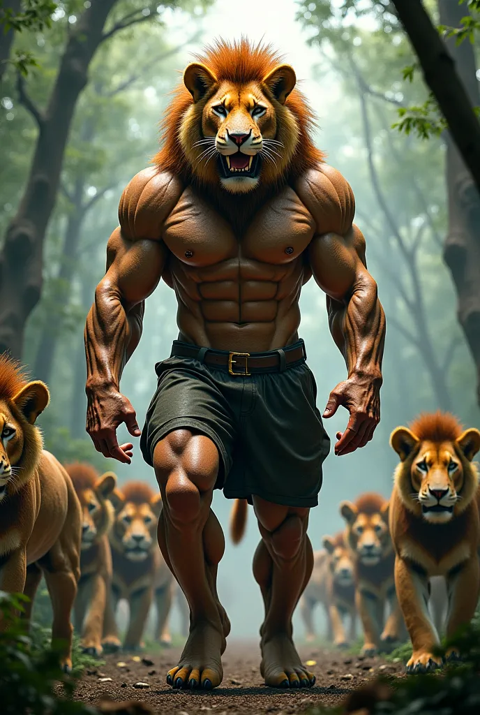 Real human bulk body with rugged lion face with human body with six pack with blood strain in body in forest in background all wild animals standing waiting in a position to race