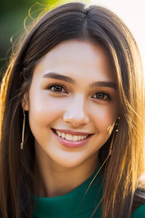 Face portrait, shot slightly sideways, high resolution, green cat eyes, blonde hair, beautiful face, Jessica Alba, gal gadot, Nice light smile, piercing Nase, small nose, dimple 