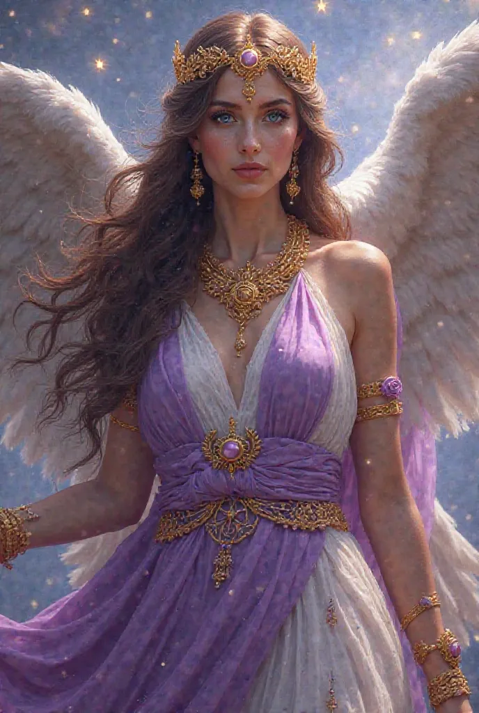 Faça para mim a goddess Fortuna com muita iluminação, shine and glamour. 

goddess: a beautiful, Beautiful young and very beautiful woman, with clear and healthy skin, blue eyes, long brown hair and light flowing clothes in purple colors, lilac, gold and w...