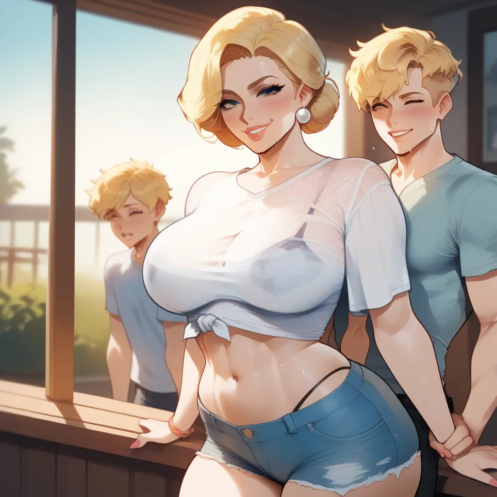 clear detailed face, Mom and boy, Blonde hair, hot mom and her young boy, sexy, mom showing off body sexy, gorgeous, caucasian, standing on a porch with her son, smiling, cute, wearing a tiny crop top and short jean shorts, with her sweet boy, American sty...