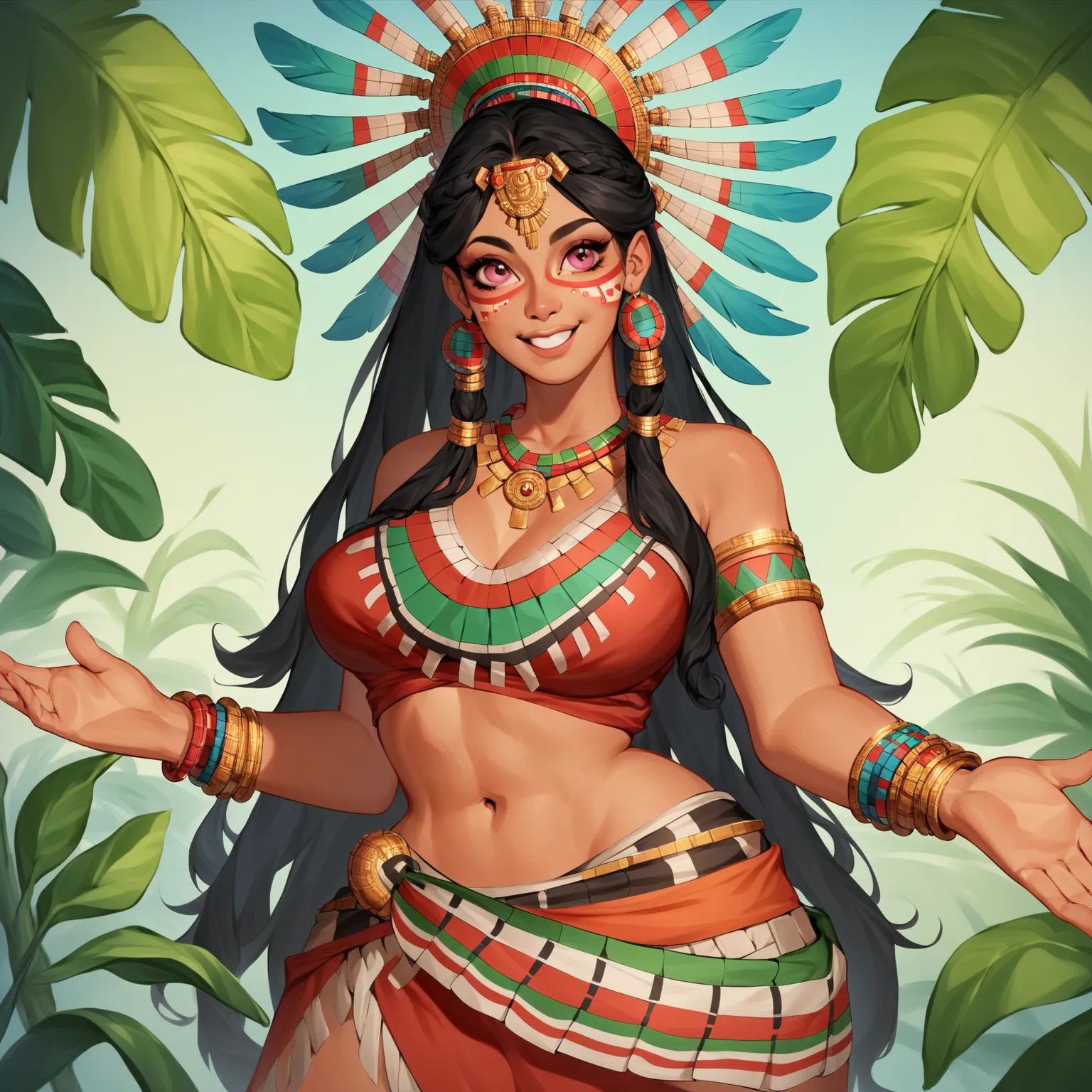 1girl, aztec girl, beautiful girl, aztec ornament, black hair, long hair, pink eyes, beautiful multicolored chest band, multicolored skirt, human ears, in full growth, (anime style:1.0), white skin, (domineering:1.0), (nice face:1.2), (grin:0.7), temptatio...