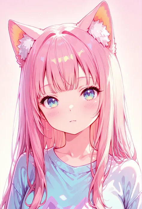 random hot and busty korean catgirl, cat ears, pastel color palette, no background, pastel background, colorful background,