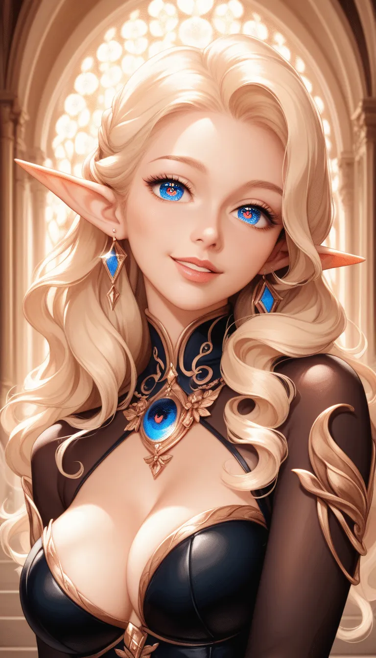 (upper body), intermediate shot,anime,masterpiece, portraits, 8k,realistic, An elegant and mature elven woman,  Elf Ears,blue eyes, ( beautiful animated eyes:1.4),blonde hair, black bodysuit, smile,beautiful breasts, 8k resolution for kindergarten ren,  Hi...