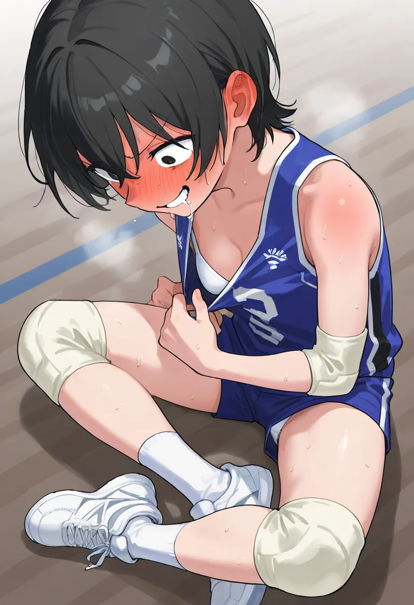 ,,looking down,steam bless,volleyball uniform, shirt,shorts,shortsの隙間,white panties,constricted pupils ,white bra, black hair,full body、Gym、 with a smile、grin、short hair、 Hair、volleyball player,drooling,indian style,WHITE SNEAKERS, white socks, seen from a...