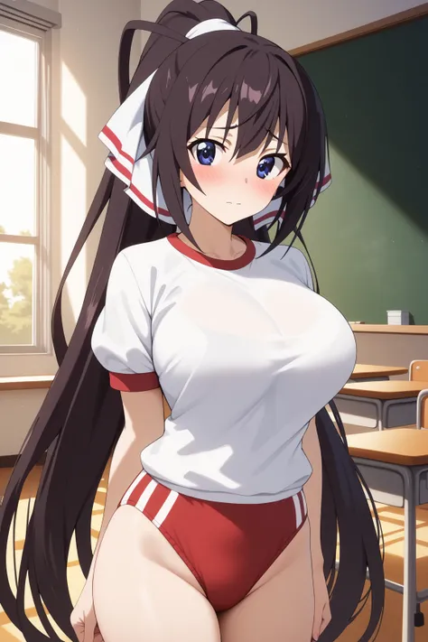 masterpiece,best quality,{{detailed beautiful face and eyes}}, very detailed background,
Houki Shinonono,{{{megami magazine}}},long hair,black hair,hair ribbon,white ribbon,ponytail,blue eyes,large breasts,
gym uniform,red buruma, white shirt, short sleeve...