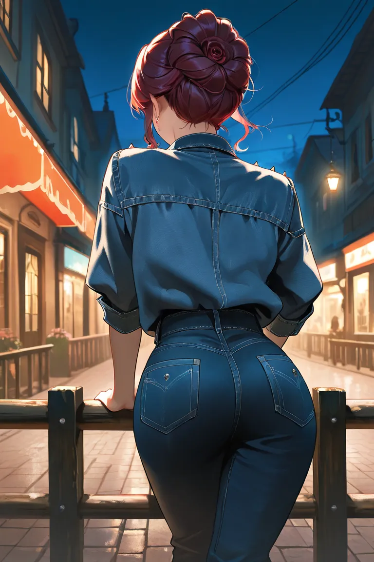 beautiful girl, rose updo hairstyle, attractive, top quality, masterpiece, denim outfit, cinematic shot, dark ambience, night time, dynamic pose, mysterious, in a town, there is a small spiked wooden barricade near her