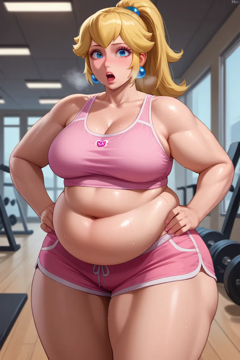 score_9, score_8_up, score_7_up, BREAK, 1girl, solo, princess peach, 1girl, solo, , blonde hair, ponytail, makeup, casual, cowboy shot, blue eyes, looking at the viewer, large breasts, hands on hips, pink tanktop, sweaty, pink shorts, sweating profusely, o...