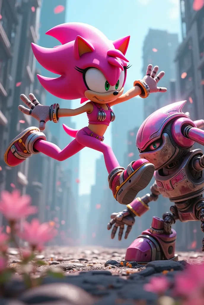 Amy Rose in a robotic bikini hitting a robot with her buttocks