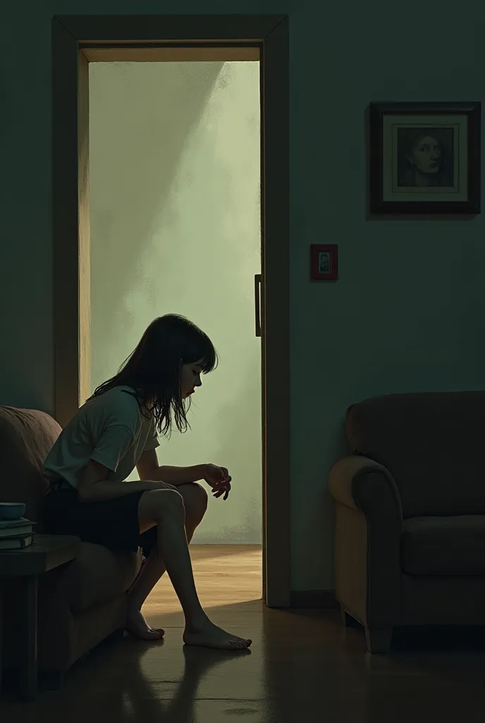 A girl sitting alone in her apartment, looking at the door. The lighting is dim,