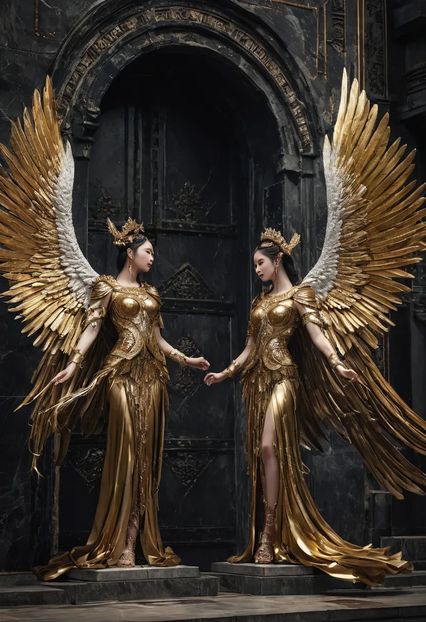  Beautiful Female Angels 、（ left and right name color） face facing forward、（ golden wings ）、Majestic architecture、（ Empire Style ）、dark background、 Soft Light 、Fantastic Atmosphere、Strong impression 、detailed texture、（Metal feathers 、dynamic pose、god々Stron...