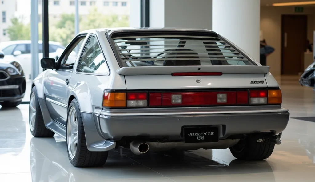 Realistic of futuristic 1986 Toyota AE86 , with modification, good looking, Bright gray color, full back view, parked in luxury showroom .The background features a contemporary showroom setting with polished floors and natural light, enhancing the car's st...